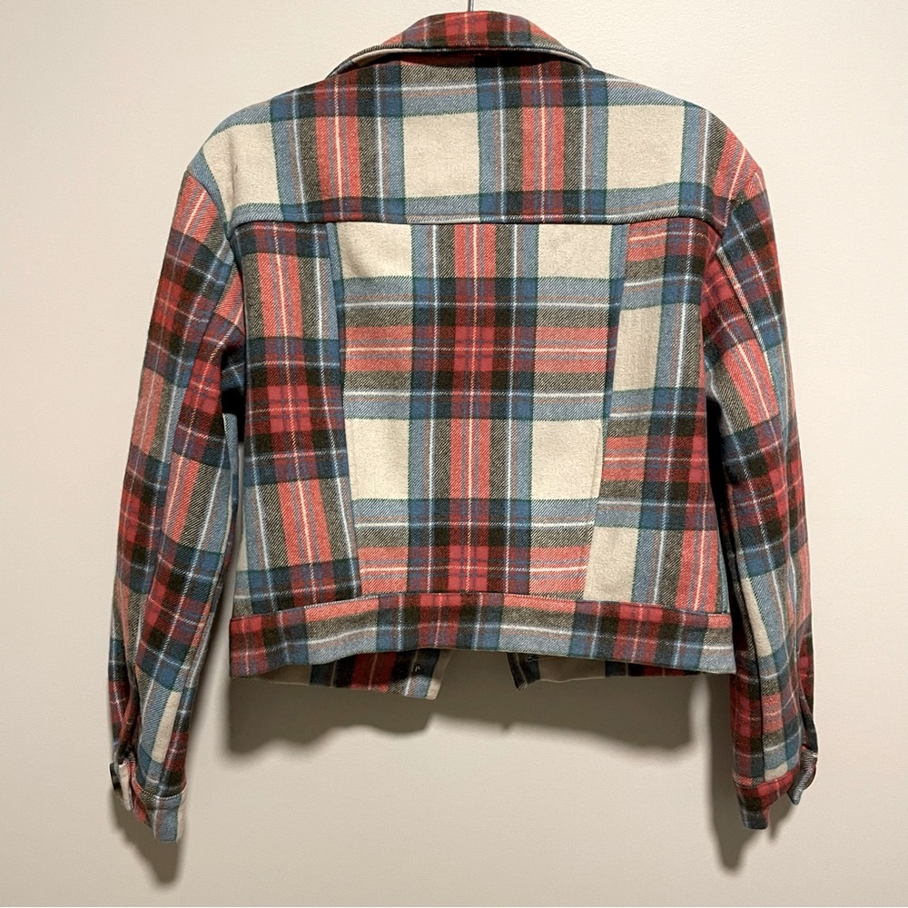 Entrophe Studios Plaid Sherpa Lined Bomber Jacket in Red, Blue and Cream - Picture 2 of 6